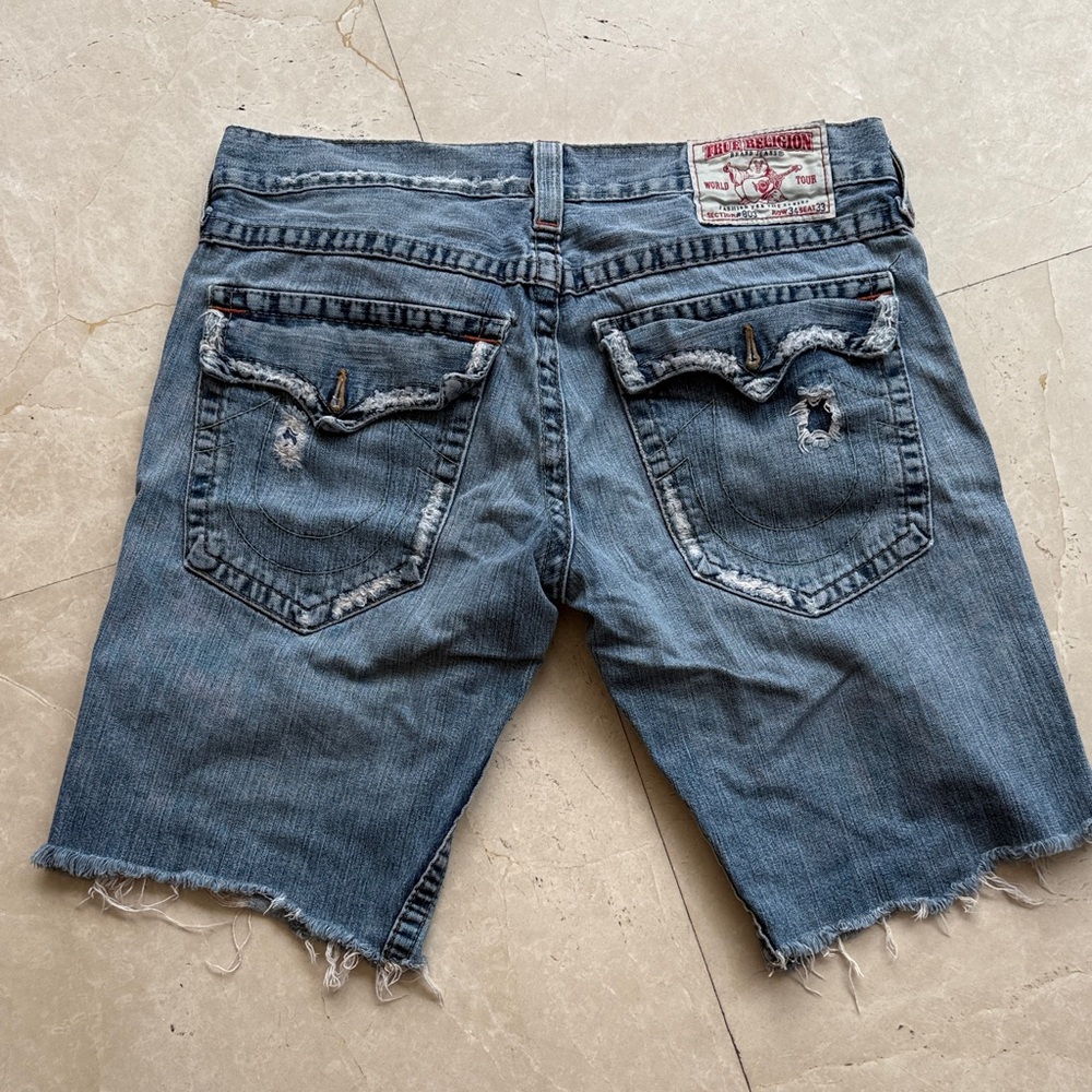 True Religion Men's Light Blue Distressed Denim Cutoff Shorts